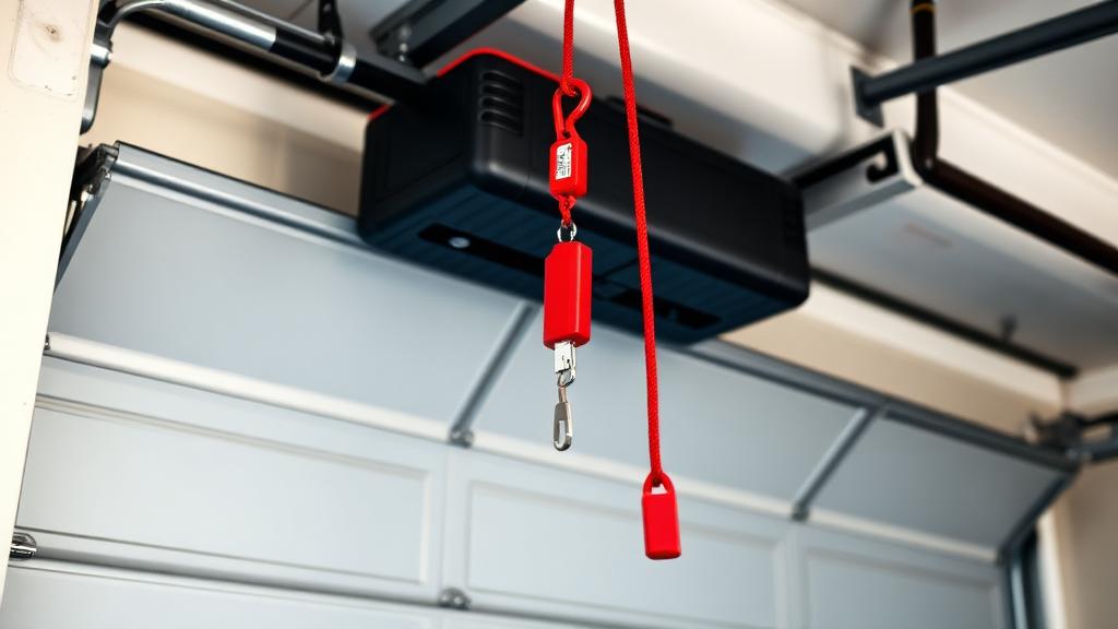 Red emergency release cord hanging from garage door opener for manual operation
