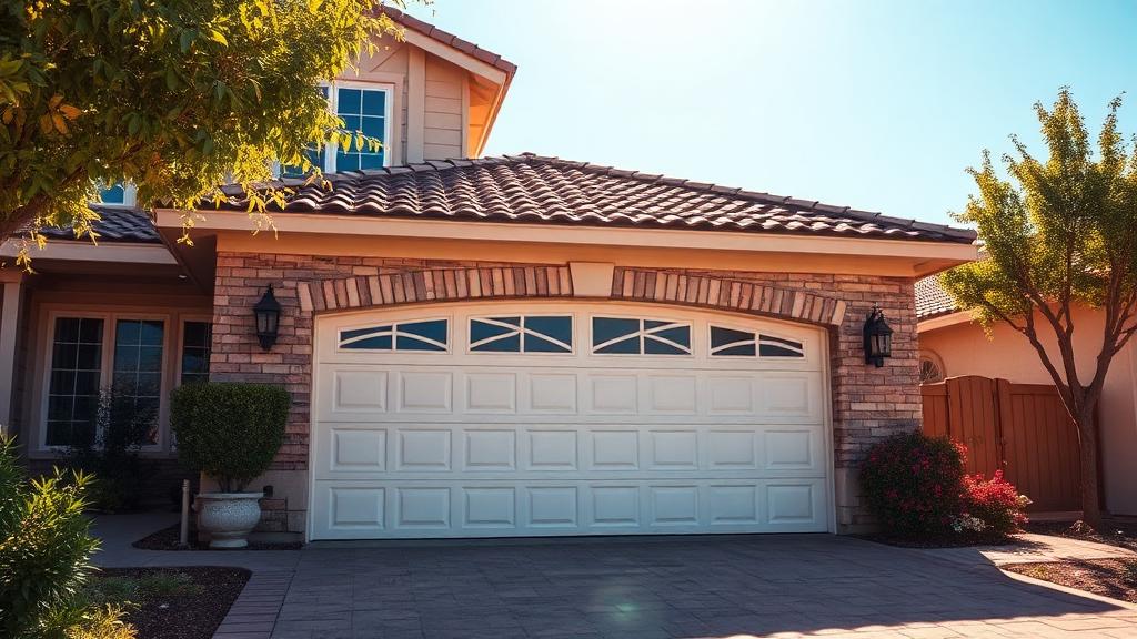 Beautiful residential garage door on a sunny summer day