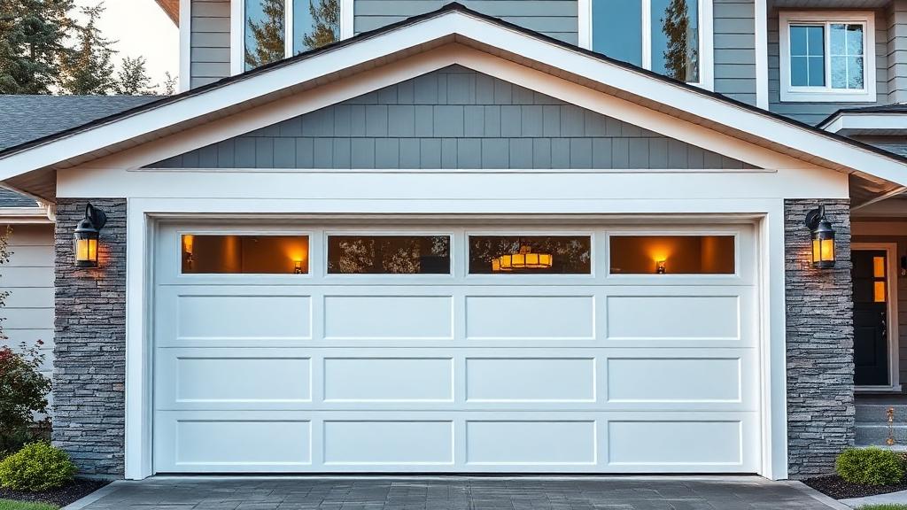 Modern insulated garage door on upscale residential home showing energy efficiency