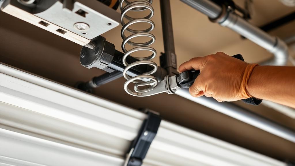 Professional technician replacing garage door torsion spring with specialized tools